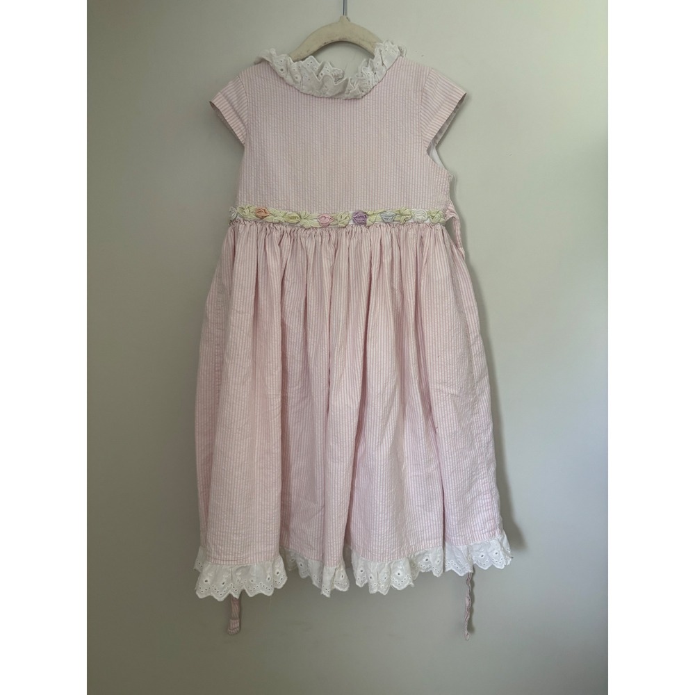 Vintage Laura Ashley Girls Pink Seersucker Eyelet Lace Floral Dress Girls Size 6